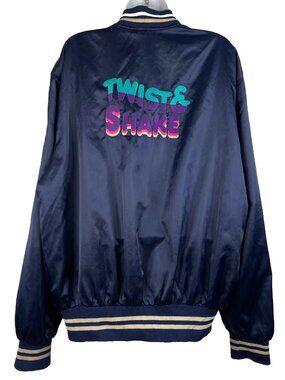 Vintage 70s Disco Blue Satin Bomber Jacket Size XL Twist & Shake Embroidered